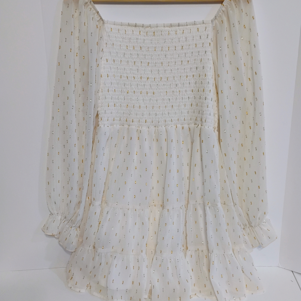 Peach Love California White and Gold Smocked Mini Dress - Picture 3 of 3